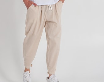 Beige Linen Pants: Unisex Loose Fit Summer Trousers with Pockets, Comfortable Lightweight Vacation Wear