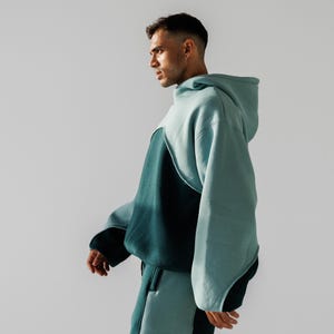 Emerald & Mint Color-Block Oversized Fleece Hoodie - Unisex, Double-layer, Crop