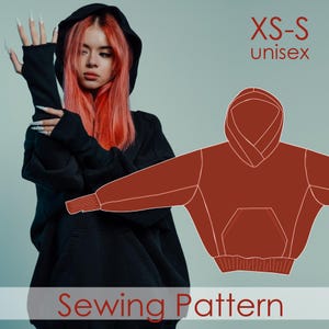 May include: Black unisex hoodie with a hood and front pocket. The image includes a sewing pattern illustration of the hoodie in a rust colour. Text on the image reads "XS-S unisex" and "Sewing Pattern".