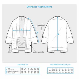 May include: Diagram of an oversized Haori kimono, with measurements in centimetres. The image shows front and back views, highlighting features like patch pockets, ties, and curved cuffs. A size chart and measurement guide are also included.