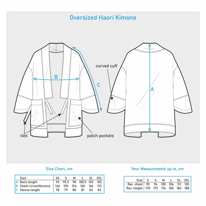 May include: Diagram of an oversized Haori kimono, with measurements in centimetres. The image shows front and back views, highlighting features like patch pockets, ties, and curved cuffs. A size chart and measurement guide are also included.