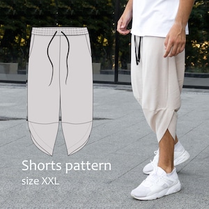 Könnte beinhalten: Hellbeige Shorts mit Kordelzugbund und einzigartigem Schlitzsaum. Das Bild zeigt auch eine Shorts-Musterillustration in Grau mit dem Text "Shorts pattern size XXL". Die Shorts werden mit weißen Turnschuhen getragen.