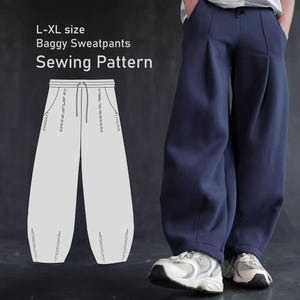 Könnte beinhalten: Marineblaue, weite Sweatpants mit Kordelzug und Taschen. Das Bild zeigt auch ein Schnittmuster für Sweatpants in der Größe L-XL. Der Text auf dem Bild lautet "L-XL size Baggy Sweatpants Sewing Pattern."