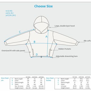 May include: Diagram of a hooded sweatshirt with size chart in inches and centimeters. Features include a large, double-layer hood, hidden pockets, adjustable drawstring hem, and rib cuffs. The chart provides measurements for back length, chest, sleeve length, and waist for three sizes.