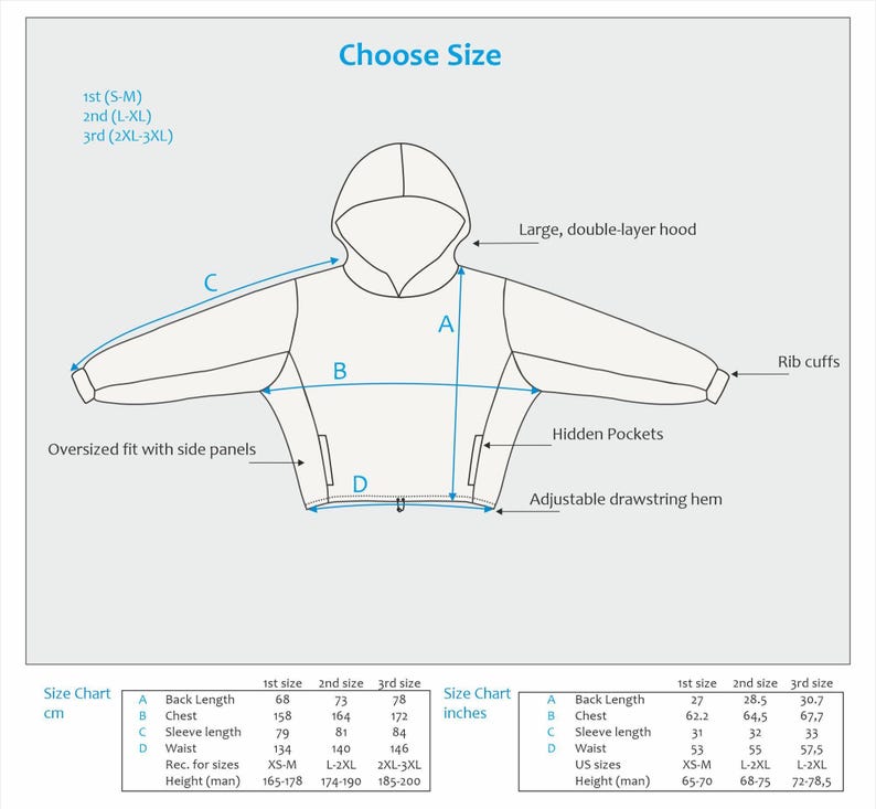May include: Diagram of a hooded sweatshirt with size chart in inches and centimeters. Features include a large, double-layer hood, hidden pockets, adjustable drawstring hem, and rib cuffs. The chart provides measurements for back length, chest, sleeve length, and waist for three sizes.