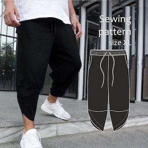 May include: Black cropped pants with a drawstring waist and side slits. The image also includes a sewing pattern for size XL. The pants are paired with white sneakers and a white t-shirt.
