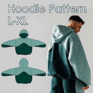 Puede incluir: Un patrón de sudadera con capucha verde azulado y verde oscuro con el texto "Hoodie Pattern L-XL". La imagen muestra a una persona usando la sudadera con capucha y dos ilustraciones del diseño. La sudadera tiene capucha y un diseño de bloques de color único.