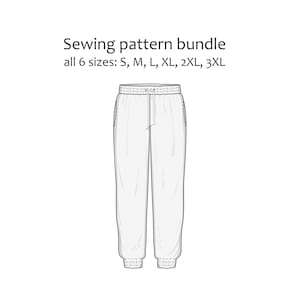 May include: A black and white line drawing of sweatpants with an elastic waistband, drawstring, and cuffed ankles. The text above reads: Sewing pattern bundle, all 6 sizes: S, M, L, XL, 2XL, 3XL. This technical illustration shows the front view.
