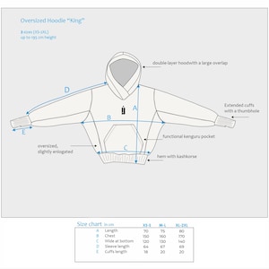 May include: White oversized hoodie with a double-layer hood, kangaroo pocket, and extended cuffs with thumbholes. The image includes a size chart in centimeters, with measurements for length, chest, and sleeve length. The hoodie is available in sizes XS-2XL.