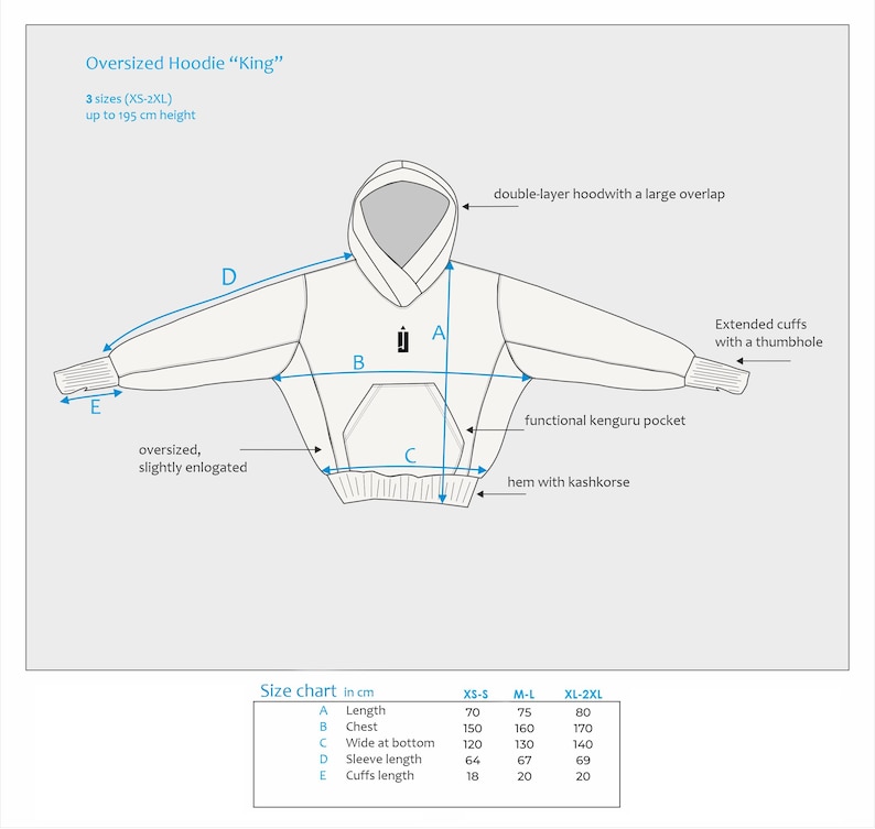 May include: White oversized hoodie with a double-layer hood, kangaroo pocket, and extended cuffs with thumbholes. The image includes a size chart in centimeters, with measurements for length, chest, and sleeve length. The hoodie is available in sizes XS-2XL.