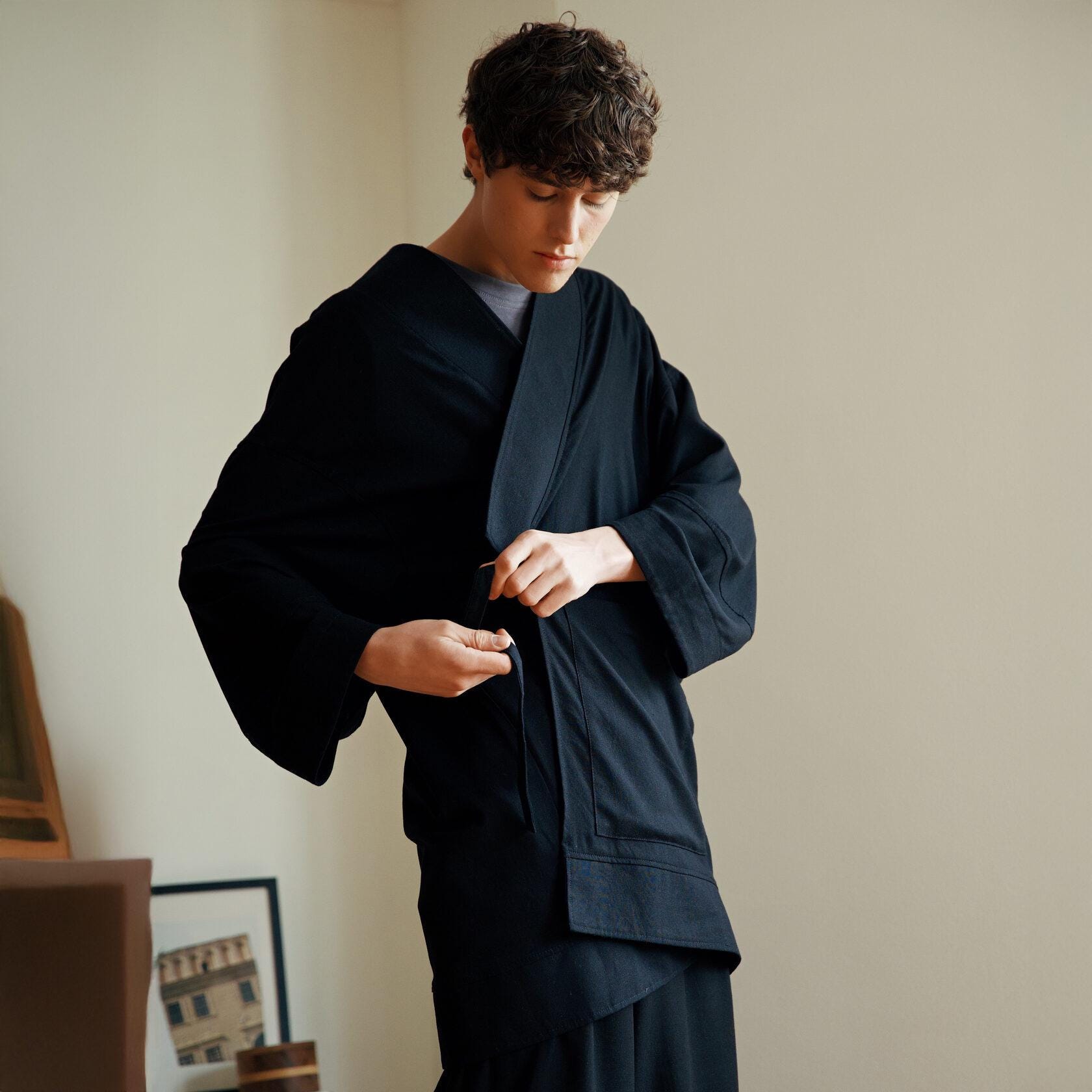 Veste Japonaise Homme Coton Lin - Cardigan Kimono Haori Vintage Harajuku - Style Décontracté Noir XXL