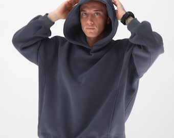 Oversized Graphite Cotton Fleece Hoodie: Drawstring Hem, Side Panels