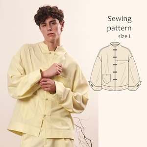 May include: A light yellow long-sleeve shirt with a mandarin collar and front toggle closures. The shirt features a chest pocket and wide sleeves. Next to the shirt is a technical line drawing labeled Sewing pattern size L.