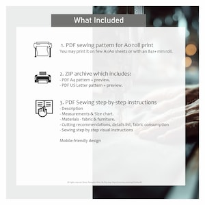 May include: Digital sewing pattern package details. Includes a PDF for Ao roll print, a ZIP archive with A4 and US Letter patterns, and step-by-step instructions. Instructions include measurements and size charts.