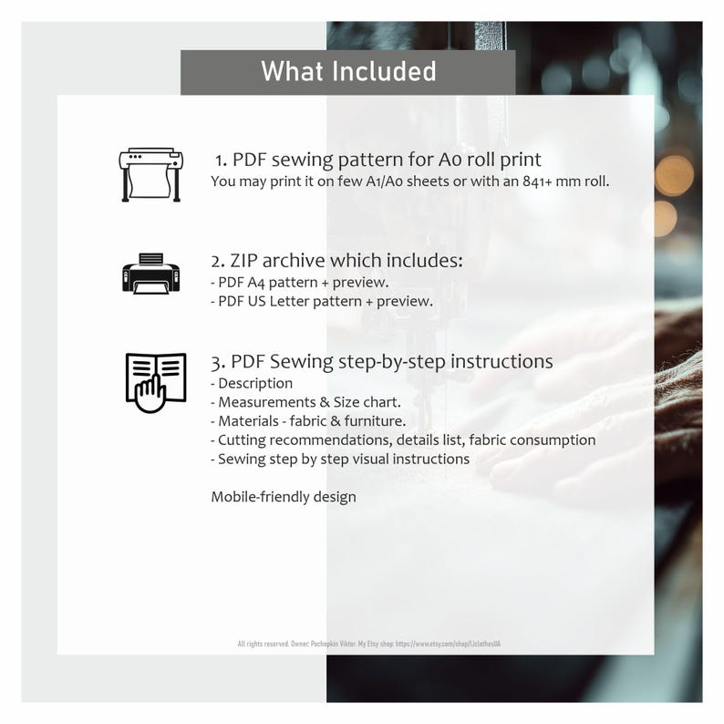 May include: Digital sewing pattern package details. Includes a PDF for Ao roll print, a ZIP archive with A4 and US Letter patterns, and step-by-step instructions. Instructions include measurements and size charts.