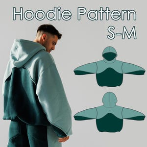 Puede incluir: Un patrón de sudadera con capucha de dos tonos en tonos de verde azulado y verde azulado oscuro, con el texto "Hoodie Pattern S-M". La imagen muestra a una persona usando la sudadera con capucha y un dibujo técnico de la sudadera con capucha.