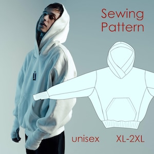 Puede incluir: Una sudadera con capucha unisex blanca con un bolsillo delantero y una capucha, usada por una persona. La imagen también incluye un patrón de costura de la sudadera con capucha, con el texto "Sewing Pattern", "unisex" y "XL-2XL".