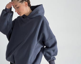 Oversized Cotton Fleece Hoodie IJ:  10 Colors, Women's, Drawstring Hem, Side Panels, XS-3XL