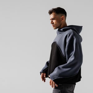 Hoodie &quot;Wave&quot; - Oversized  fit Fleece Hoody for men with Cotton Lining and unique design - Black & Graphite - Unisex Hoodies