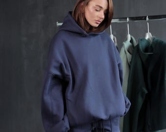 Oversized Blank Hoodie with Drawstring Hem in Blue: Cotton Fleece, Unisex