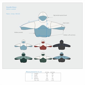 May include: Diagram of a two-toned hoodie design, labeled "Hoodie Wave." The design features a big double-layered hood, hidden pockets, and cuffs. Measurements in centimeters are provided, with recommended sizes ranging from XS-M to L-2XL.