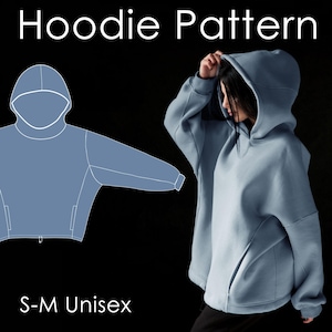 May include: A light blue hoodie with a large hood and a front pocket. The image includes a line drawing of the hoodie and the text "Hoodie Pattern" and "S-M Unisex". The hoodie is shown on a person against a black background.