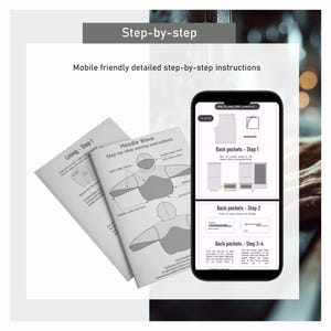 May include: Image shows step-by-step sewing instructions for a hoodie. The image includes printed instructions and a smartphone displaying detailed steps. The text reads "Hoodie Wave" and "Mobile friendly detailed step-by-step instructions."