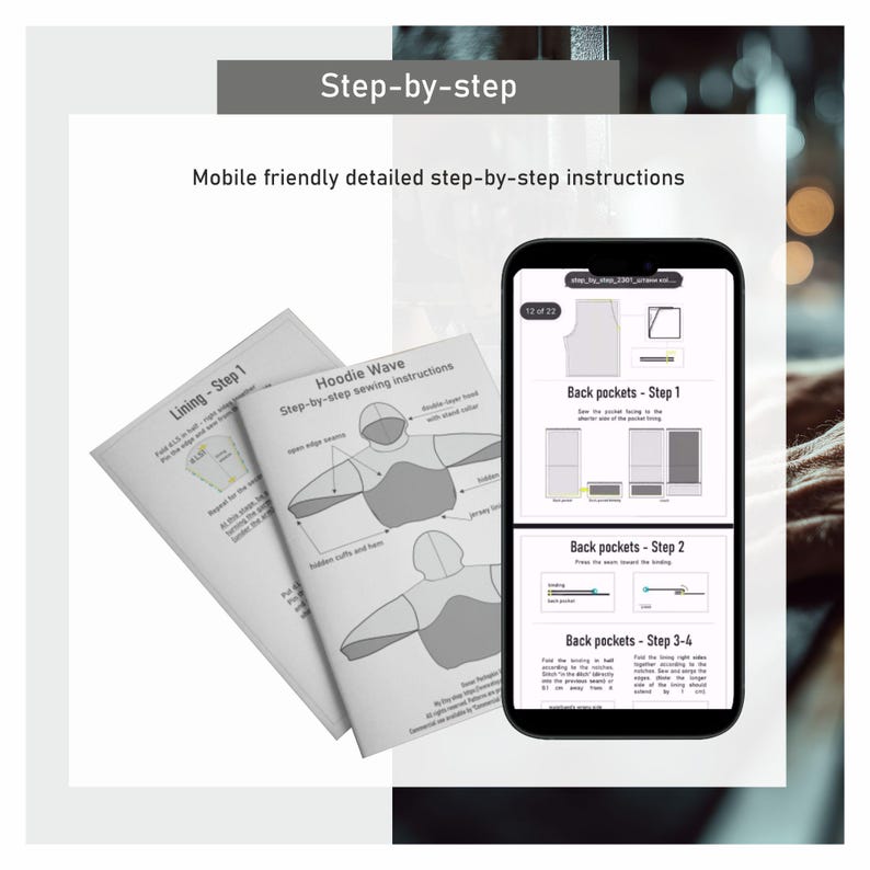 May include: Image shows step-by-step sewing instructions for a hoodie. The image includes printed instructions and a smartphone displaying detailed steps. The text reads "Hoodie Wave" and "Mobile friendly detailed step-by-step instructions."