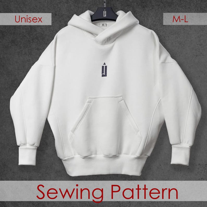 May include: A white unisex hoodie with a kangaroo pocket and a hood. The hoodie has a small navy blue logo on the chest and the text "Sewing Pattern" at the bottom. The size is M-L.