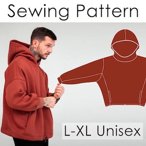 Könnte beinhalten: Ein rostfarbener Unisex-Hoodie mit Kordelzug und großer Fronttasche. Das Bild enthält eine Schnittmuster-Umrisszeichnung des Hoodies sowie den Text "Sewing Pattern" und "L-XL Unisex".