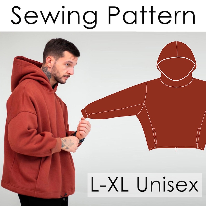 May include: A rust-colored unisex hoodie with a drawstring and a large front pocket. The image includes a sewing pattern outline of the hoodie and the text "Sewing Pattern" and "L-XL Unisex".