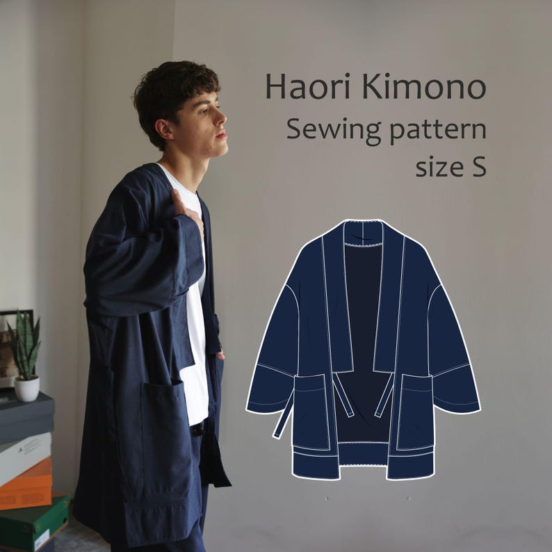 May include: A navy blue Haori Kimono, size S, sewing pattern. The image shows a person wearing the kimono and a line drawing of the garment. The kimono has large pockets and a tie closure. The text on the image reads "Haori Kimono Sewing pattern size S."