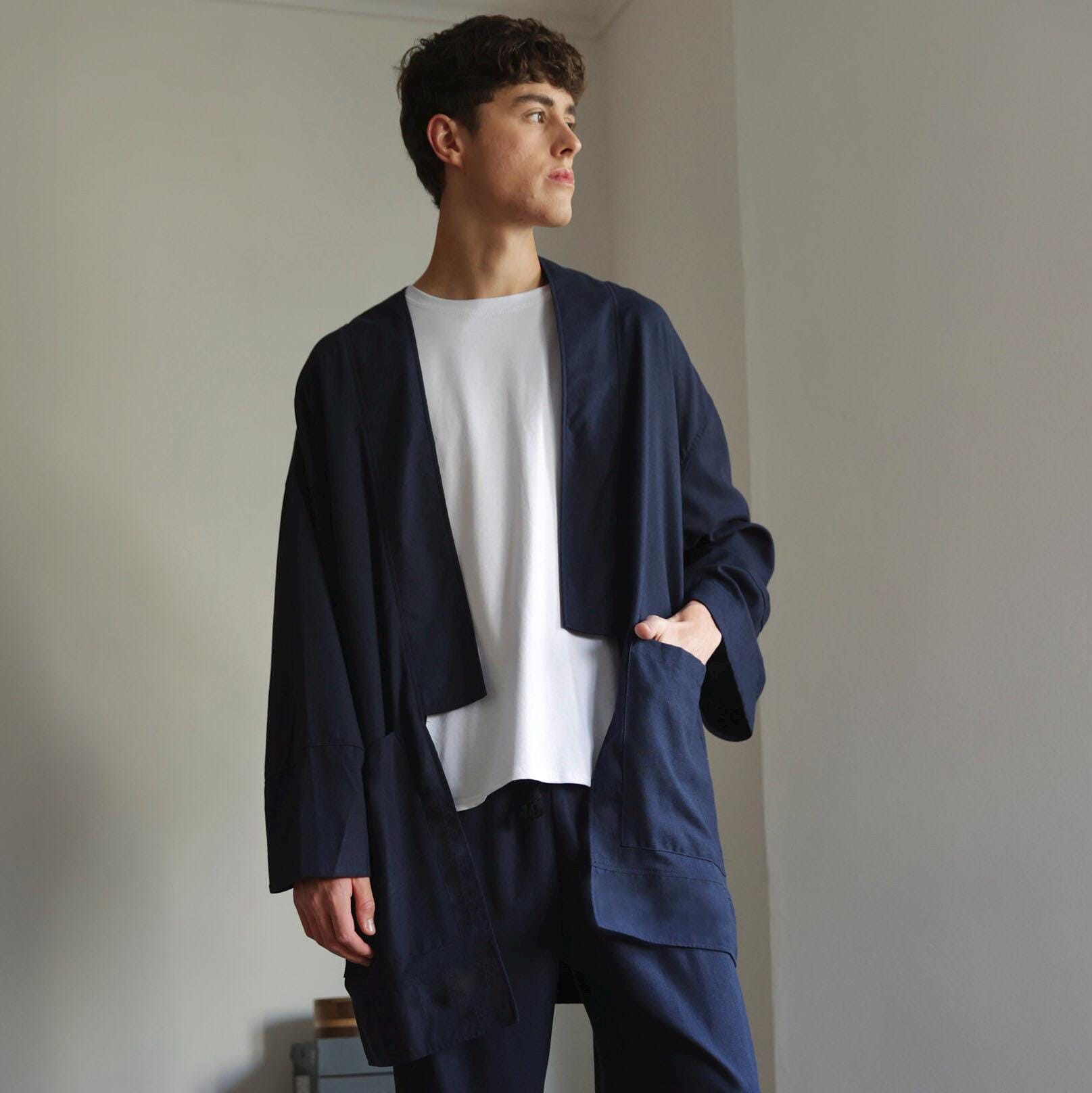 Navi Linen Blend Haori Kimono - Oversized Unisex Summer Cardigan, Lightweight Japanese-Style Robe