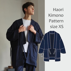May include: A navy blue Haori kimono, size XS, is displayed. The kimono is open at the front and features large pockets. The image also includes a line drawing of the kimono and the text "Haori Kimono Pattern size XS".