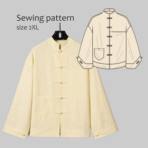 May include: A cream-colored long-sleeve jacket with a mandarin collar, five frog closures, and a single chest pocket. The text reads Sewing pattern size 2XL. A technical line drawing of the jacket is included, showing the front design details.