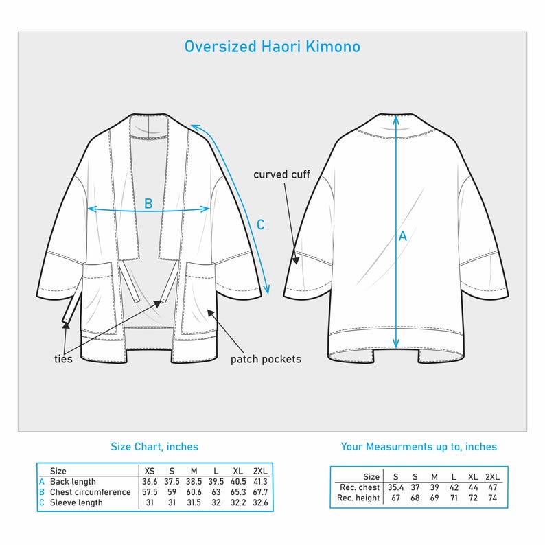 May include: Diagram of an oversized Haori kimono, with measurements in inches, including back length, chest circumference, and sleeve length. Features include patch pockets, ties, and a curved cuff. A size chart and recommended measurements are also provided.