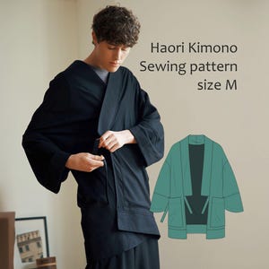 May include: A black Haori kimono sewing pattern, size M. The image shows a person wearing a black kimono with wide sleeves and a tie closure. A teal illustration of the kimono pattern is also shown.