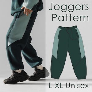 May include: Dark teal joggers with a light teal side panel, shown on a person and as a pattern. The text "Joggers Pattern" and "L-XL Unisex" are displayed. The joggers have a drawstring and pockets.