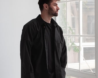 Oversized Black Linen Blend Shirt: Unisex Button Up, Casual Loose Fit, Summer Resort Wear