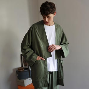 Cardigan quimono haori oversized cáqui – mistura de linho unissex, robe leve de verão estilo japonês