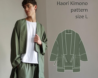 Digital PDF Haori Sewing Pattern Size L: Oversized Linen Kimono with Tie Closures