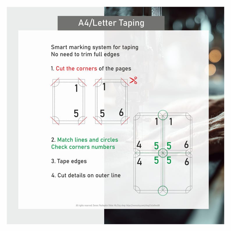 May include: A diagram demonstrating the A4/Letter Taping method. The image provides a step-by-step guide with numbered instructions, lines, and circles. The text includes "Smart marking system for taping" and "No need to trim full edges."