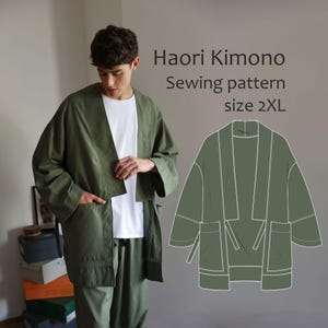 May include: An olive green Haori Kimono, size 2XL, with a relaxed fit, pockets, and a tie closure. The image includes a sketch of the kimono and the text "Haori Kimono Sewing pattern size 2XL".