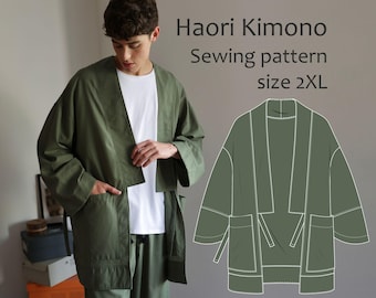 Peut inclure: Un kimono Haori vert olive, taille 2XL, avec une coupe décontractée, des poches et une fermeture à nouer. L'image comprend un croquis du kimono et le texte "Haori Kimono Sewing pattern size 2XL".