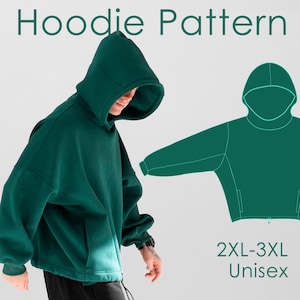 May include: A dark teal hoodie with a large hood is shown. The words "Hoodie Pattern" are at the top. A line drawing of the hoodie is to the right. The text "2XL-3XL Unisex" is at the bottom.