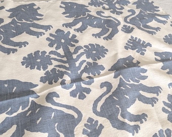 Schumacher Regalia Blue Linen Fabric Remnant: Lion Print Designer Textile