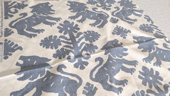 Schumacher Regalia Blue Linen Fabric Remnant: Lion Print Designer Textile