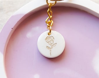 Porte-clés personnalisé 'Rose' - Pendentif en plâtre/AquaCast - Fleur de naissance Juin - Cadeau d’anniversaire