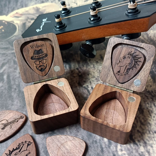 Personalized Wooden Guitar Picks Box, Custom Engraved Guitar Pick Case, Guitar plectrum, Gift for Guitarist Musician Boyfriend Husband Dad.