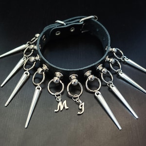Custom Initials Punk Charm Bracelet. 25/35mm Silver Spikes Bracelet. Black Leather Cuffs Buckle. Men Women Unisex Emo Gothic Grunge Gifts.